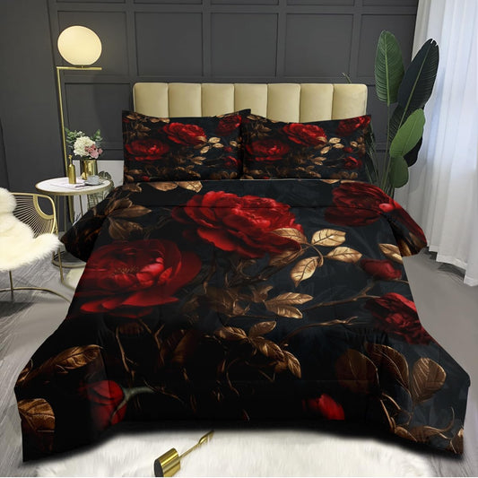 OMELA Floral King Comforter Set, 3 Pcs Luxurious Gold Leaves Red Rose Floral Decor Down Comforter Vintage Floral Bedding Set For Women Adult All Season