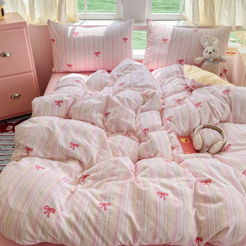 JOLUSERE 2-Piece Colourful Striped Girls Duvet Cover Twin Set, Reversible Pink Bows Soft Bedding Sets for Kids