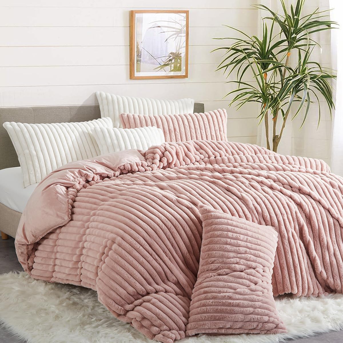 JOLUSERE Soft Pink Fluffy Striped Duvet Cover King Set, 3-Piece Super Soft Faux Rabbit Fur Winter Warm Fuzzy Comforter Cover