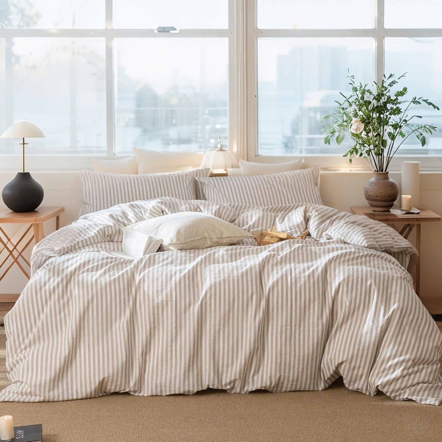 JOLUSERE 100% Organic Cotton Striped Duvet Cover Full Set, 3-Piece Linen Like Textured Breathable Bedding Cover（Beige& White Classic Stripes）