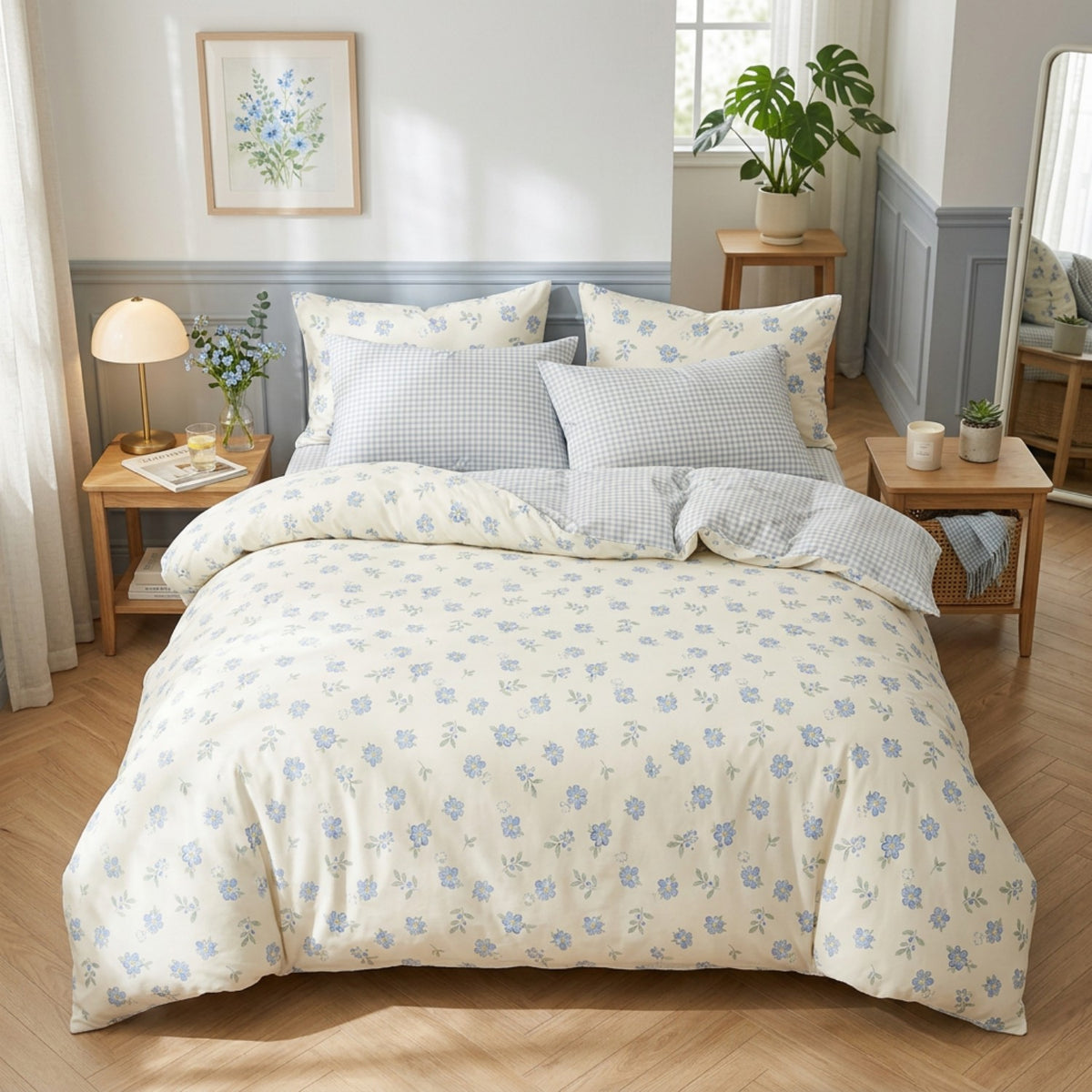 JOLUSERE 3 Pieces Blue White Floral Reversible Gingham Pattern Comforter King Set, Soft Floral Bedding Set for Adults