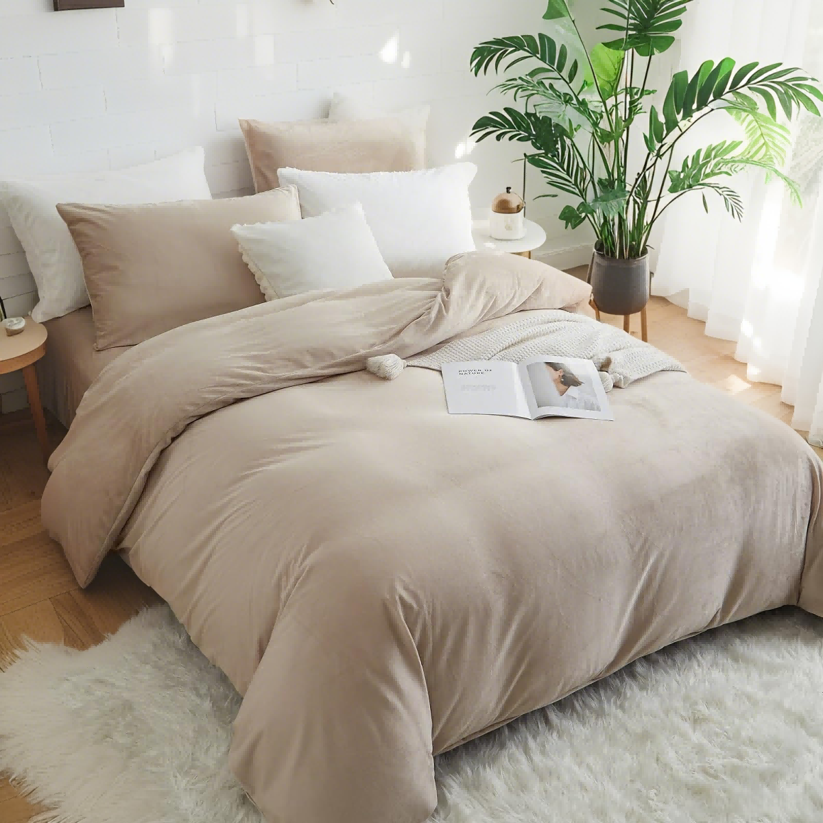 JOLUSERE Oatmeal Beige Velvet Duvet Cover King Set, 3-Piece Ultra Soft Fluffy Flannel Winter Bedding Cover