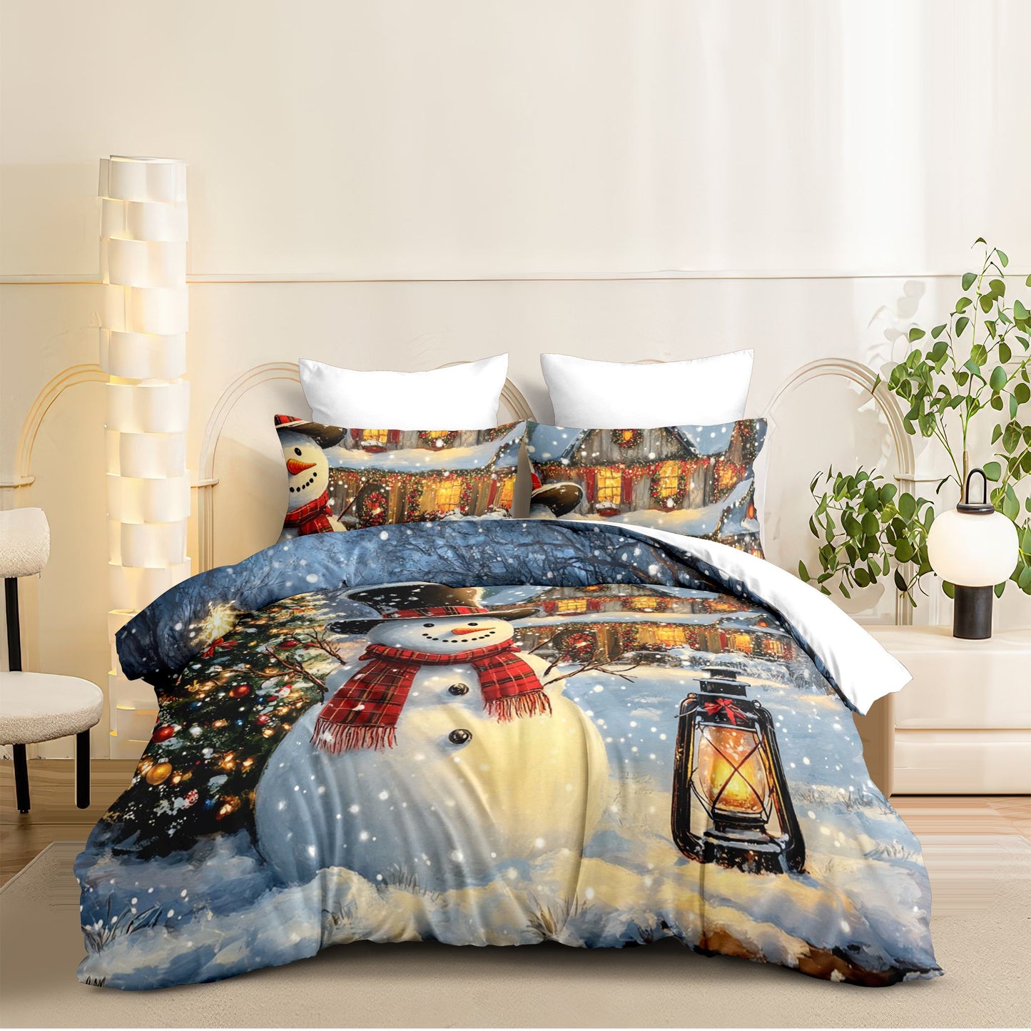 JOLUSERE Christmas Comforter Twin Set,2 Pcs Snowman Christmas Pine Tree Farmhouse Village Bedding Set for All Season