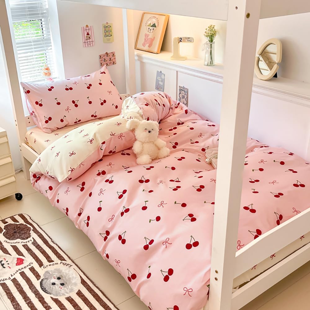 JOLUSERE 3-Piece Red Cherries with Pink Bows Comforter Full Set , Soft Aesthetic Cherry Pattern Bedding Set for Kids Adults