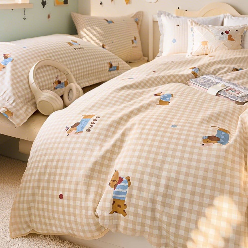JOLUSERE 2-Piece Beige Gingham Puppy Pattern Comforter Twin Set , Soft Blue Dachshund Bedding Set for Kids Adults