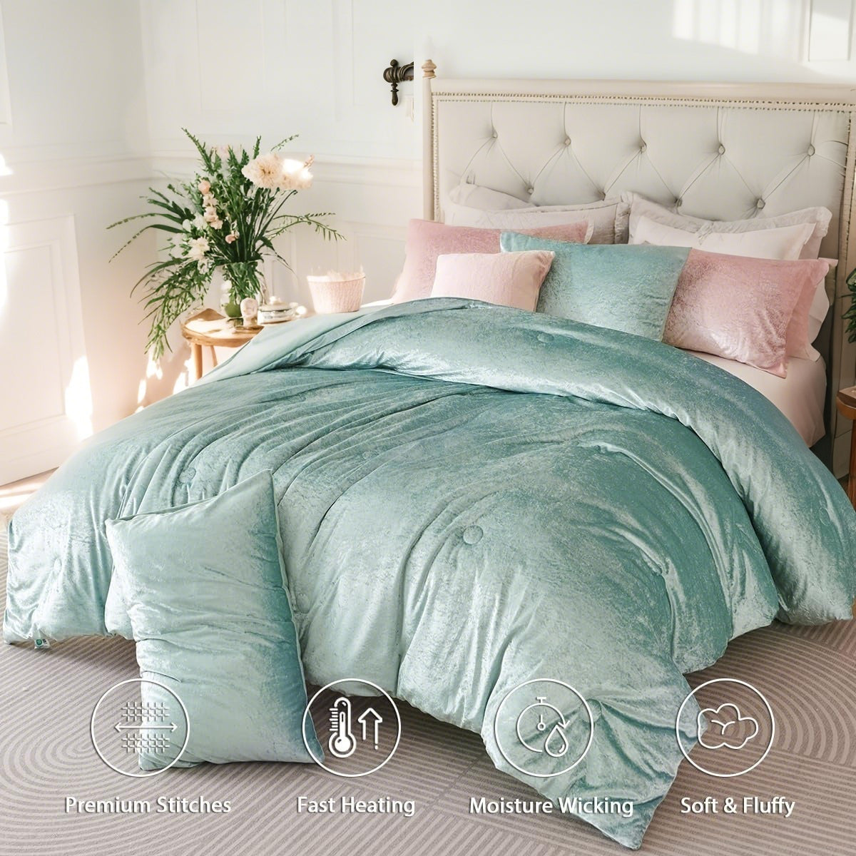 JOLUSERE Cozy Velvet Comforter Queen Set，Luxury 3-Piece Winter Fluffy Shiny Flannel Warm Reversible Comforter Set, Glossy Green