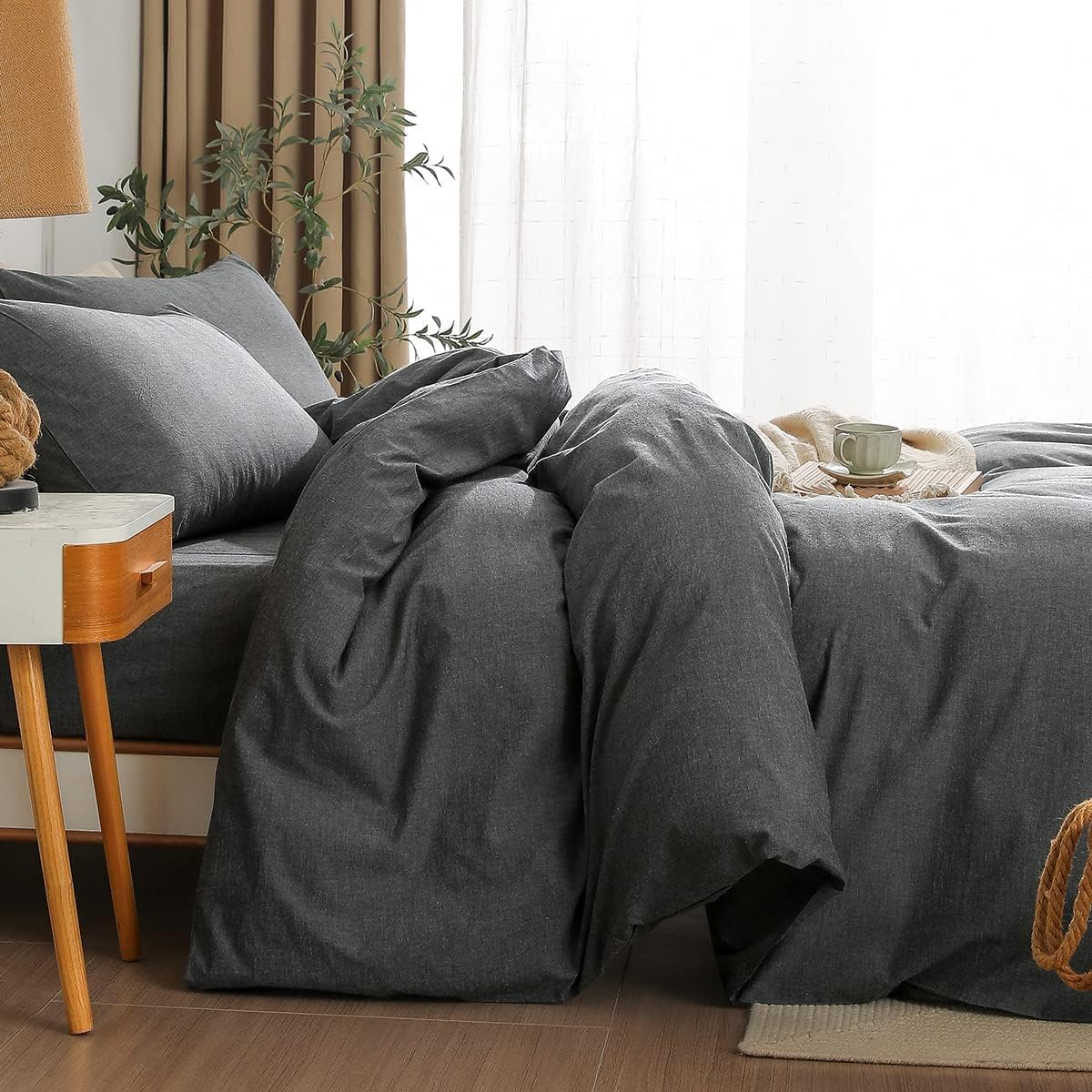 JOLUSERE 100% Organic Yarn-Dyed Cotton Duvet Cover Queen Set, 3 Pieces Cotton Bedding Duvet Cover,Ultra Soft & Fade Resistant,Gentle Black