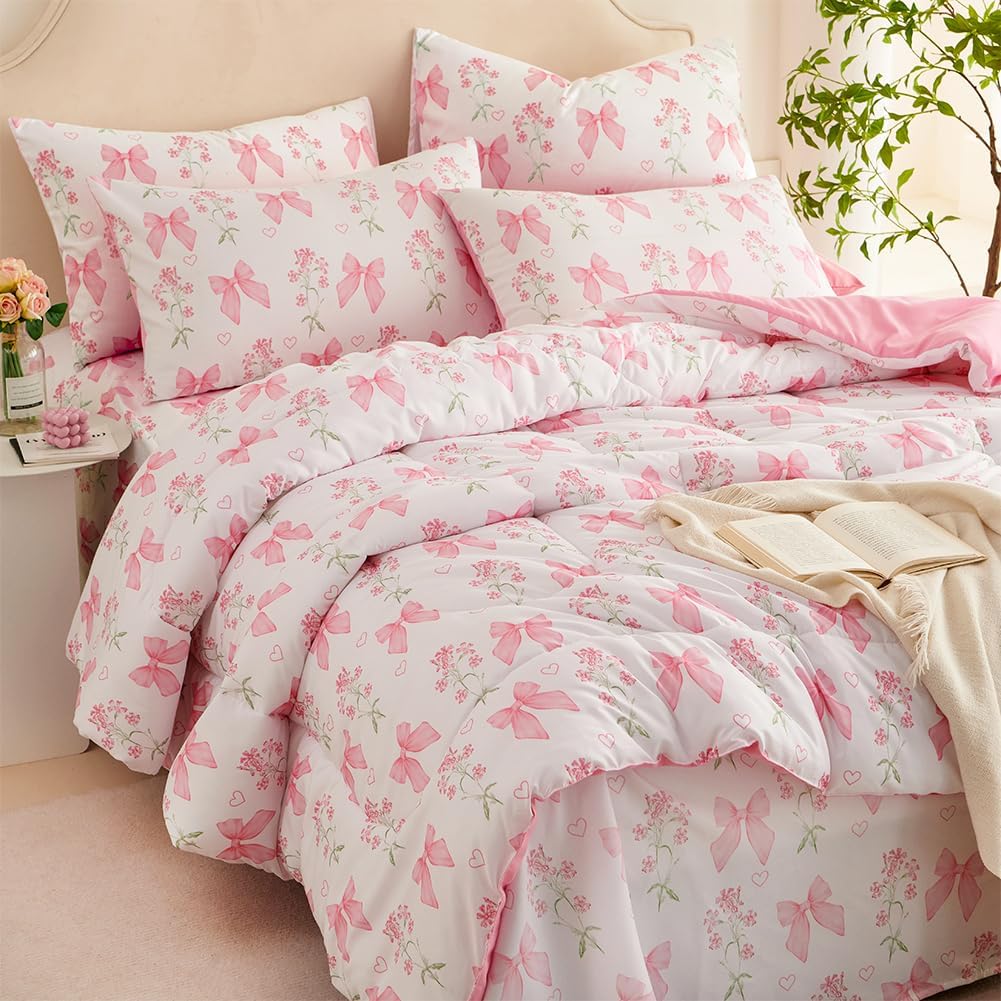 JOLUSERE Pink Bowknot Girls Queen Comforter Set, 3 Pieces Pink Bows Princess Style Bedding Sets for Girls for All Season