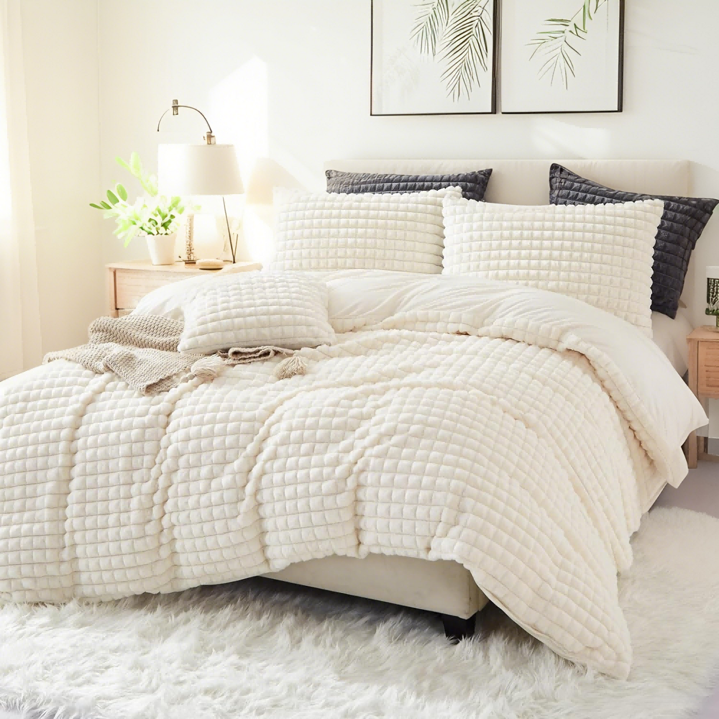 JOLUSERE Checkered Geometric Fluffy White Duvet Cover King Set,3-Piece Super Soft Faux Rabbit Fur Winter Warm Fuzzy Bedding Set