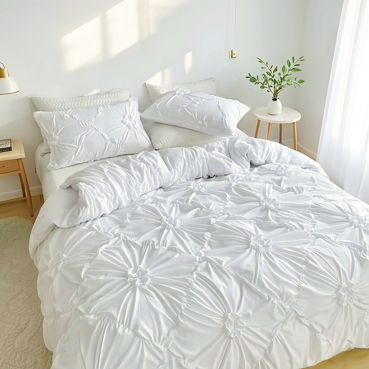 JOLUSERE Rustic French Style White Duvet Cover Sets Queen Size, Textured Flower Pinch Pleated Solid Luxury Bedding Sets