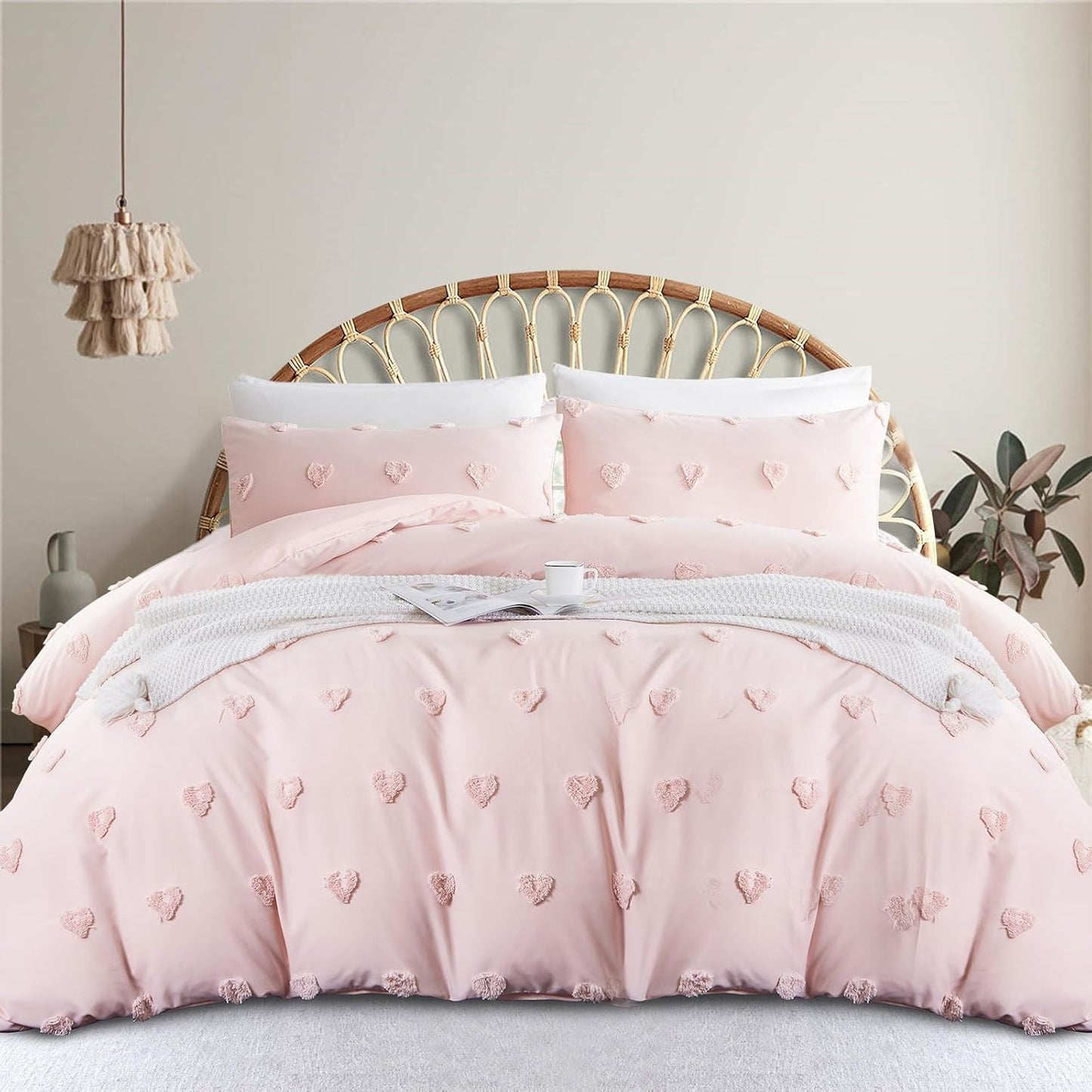 JOLUSERE Pink Tufted Heart Dot Duvet Cover King Set, 3 Pieces Ultra Soft Jacquard Embroidery Shabby Chic Bedding Set for All Season