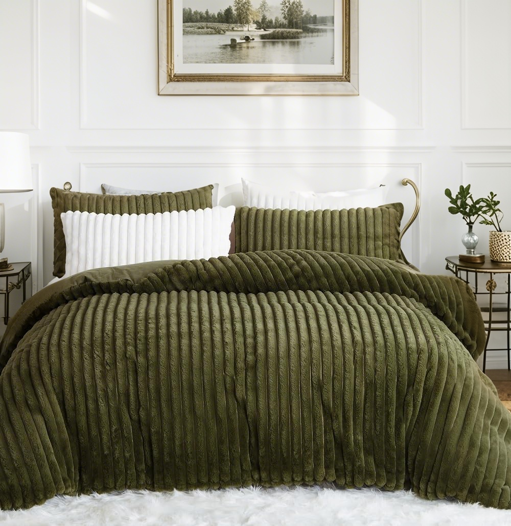 JOLUSERE Olive Green Fluffy Striped Duvet Cover Queen Set, 3-Piece Super Soft Faux Rabbit Fur Winter Warm Fuzzy Comforter Cover