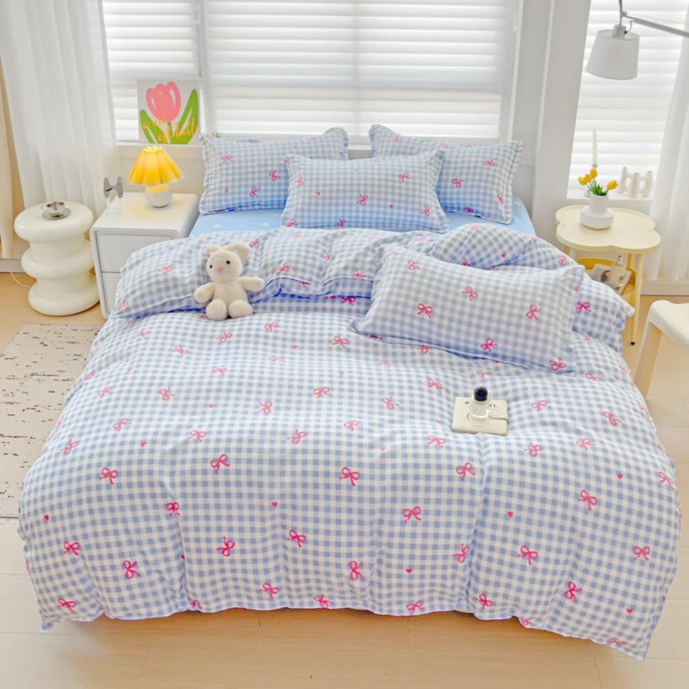 JOLUSERE 2-Piece Blue Plaid Pink Bows Comforter Twin Set , Cute Soft Bedding Set for Kids Adults