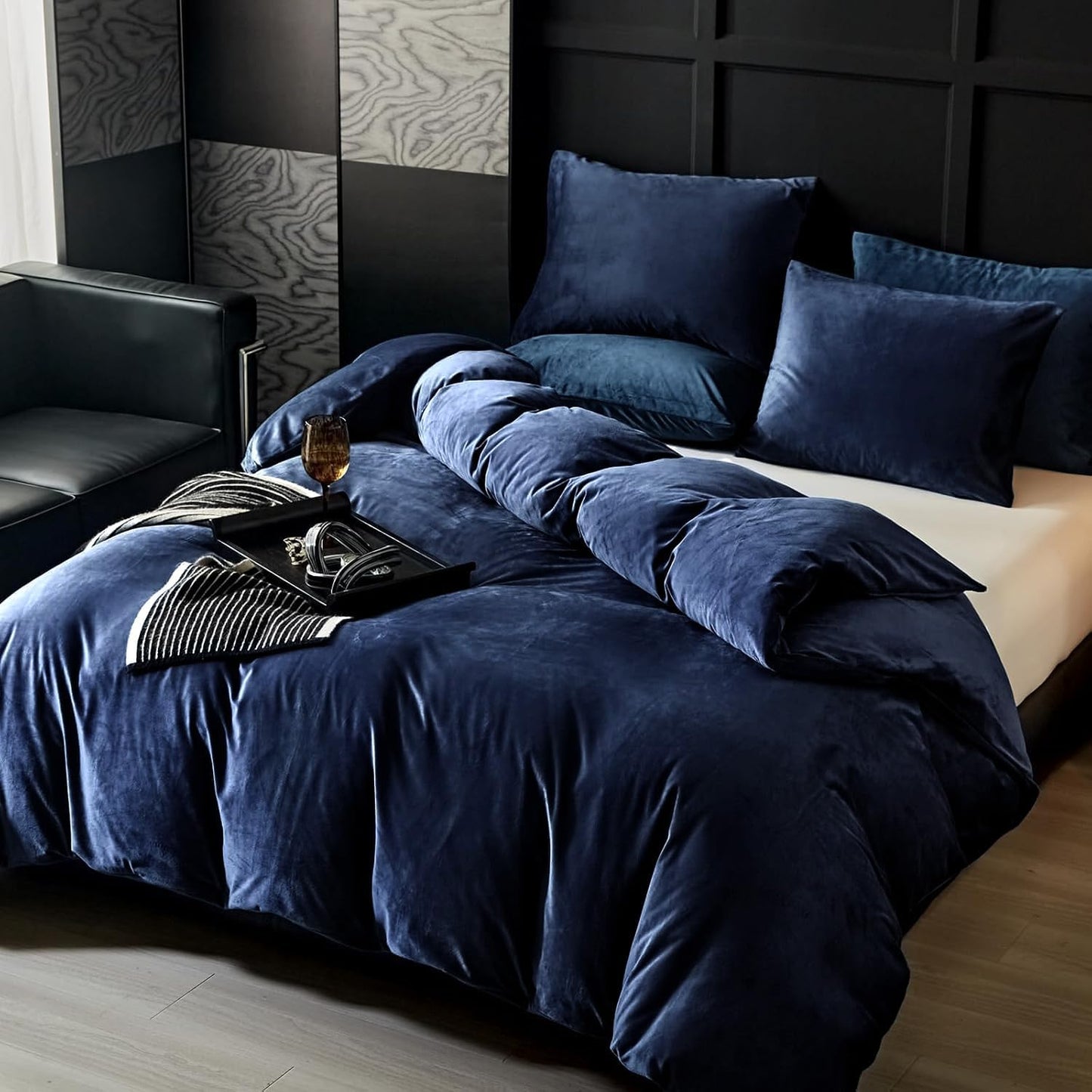 JOLUSERE Navy Blue Velvet Duvet Cover Queen Set, 3-Piece Ultra Soft Fluffy Flannel Winter Bedding Cover
