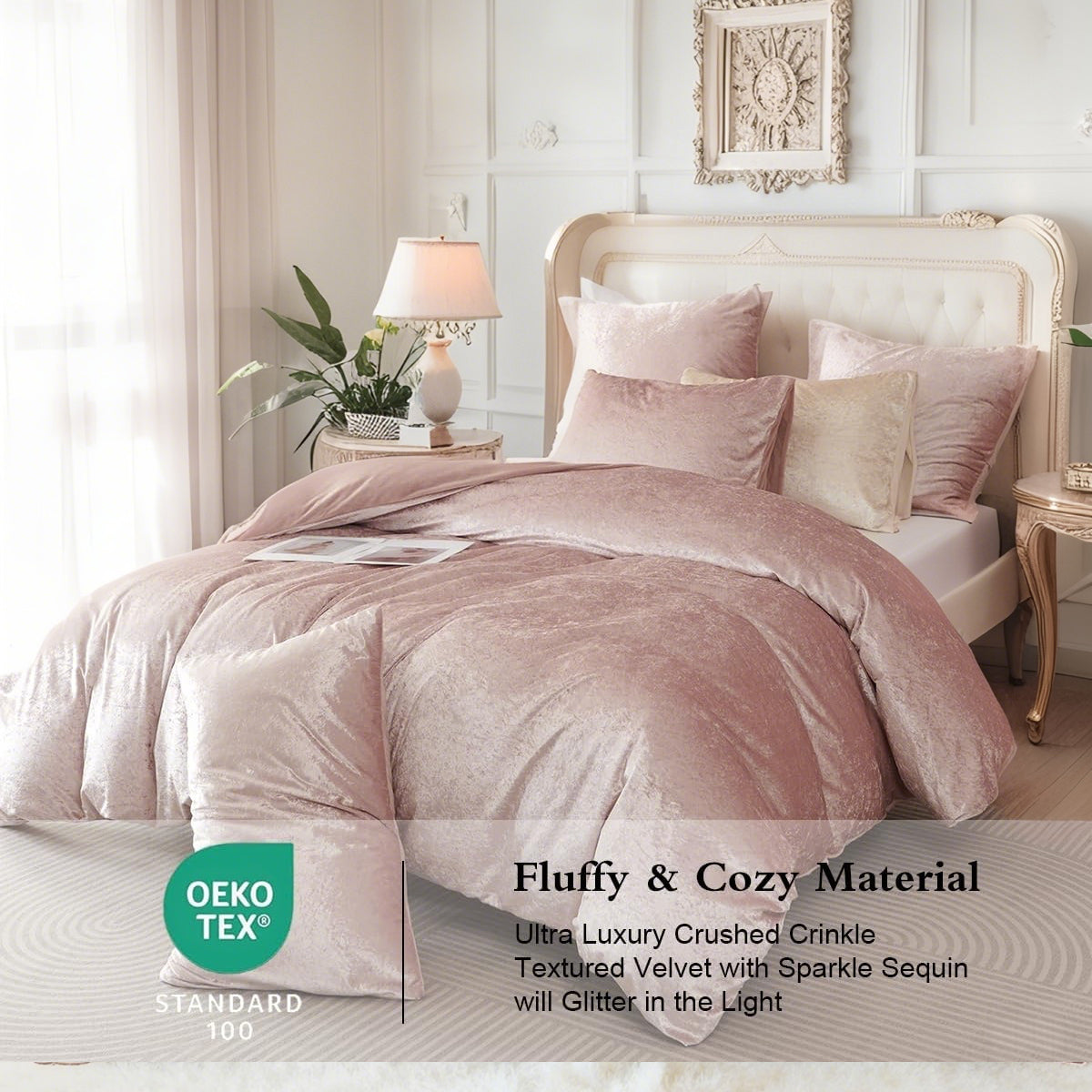 JOLUSERE Cozy Velvet Comforter Queen Set，Luxury 3-Piece Winter Fluffy Shiny Flannel Warm Reversible Comforter Set, Shiny Pink