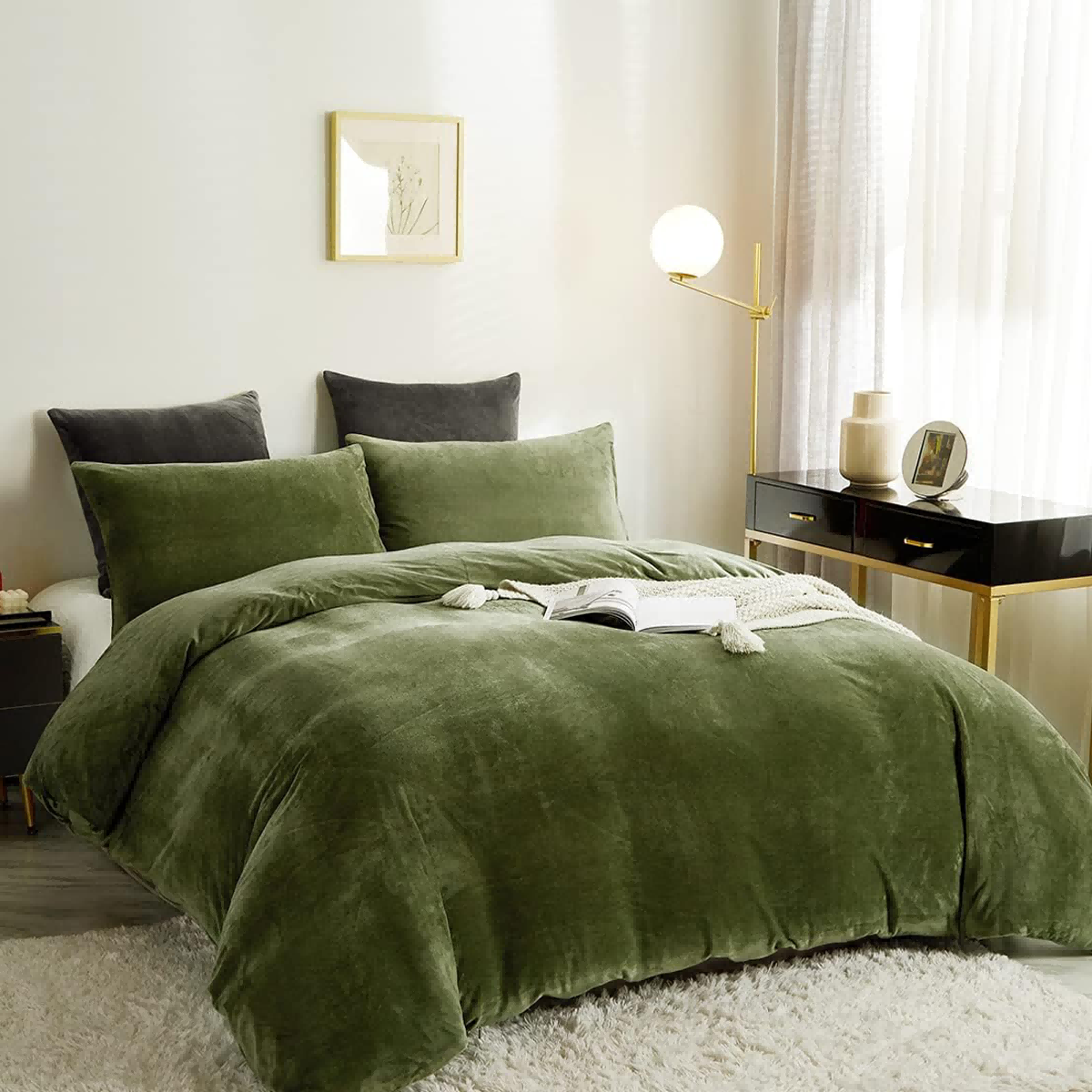 JOLUSERE Olive Green Velvet Duvet Cover Queen Set, 3-Piece Ultra Soft Fluffy Flannel Winter Bedding Cover