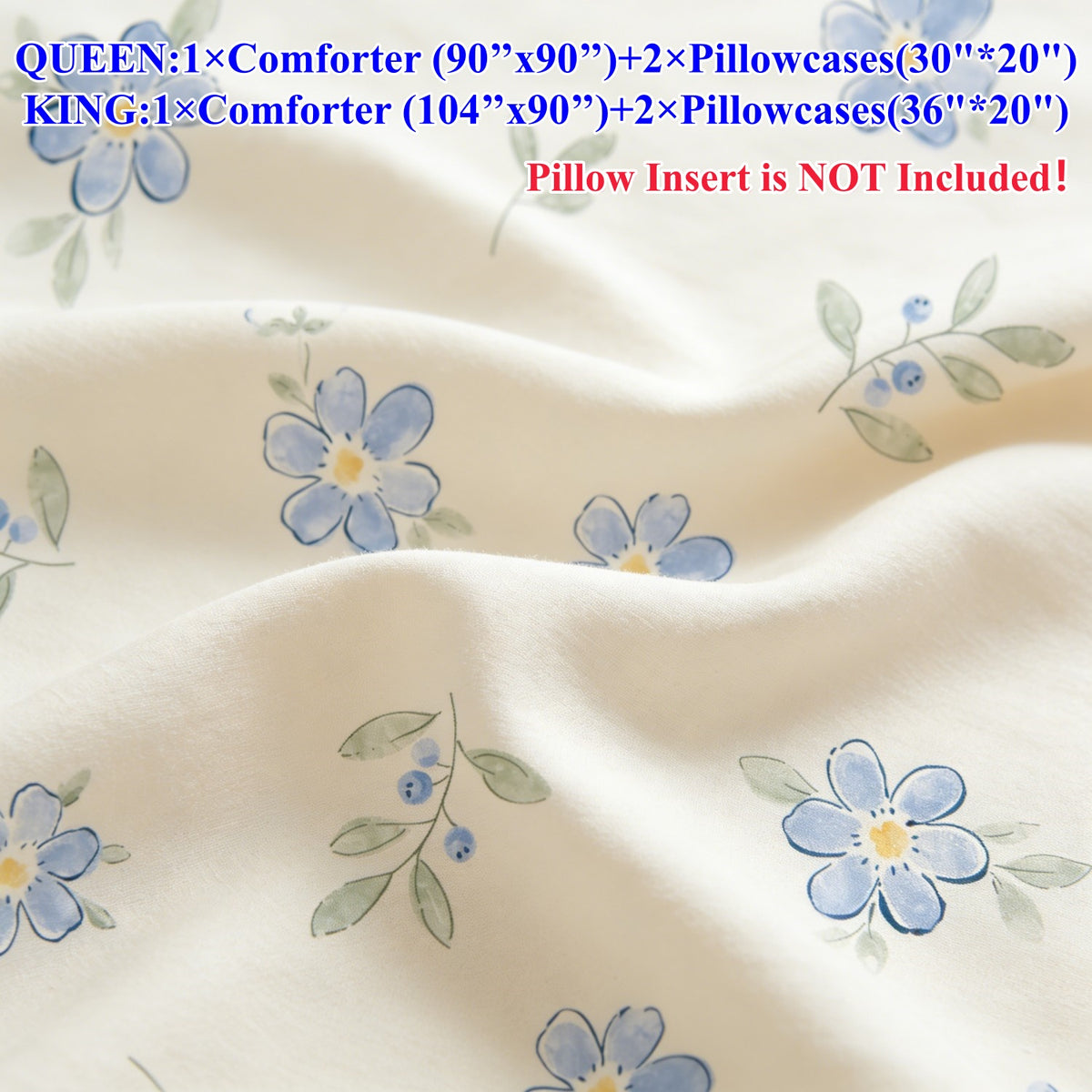 JOLUSERE 3 Pieces Blue White Floral Reversible Gingham Pattern Comforter King Set, Soft Floral Bedding Set for Adults