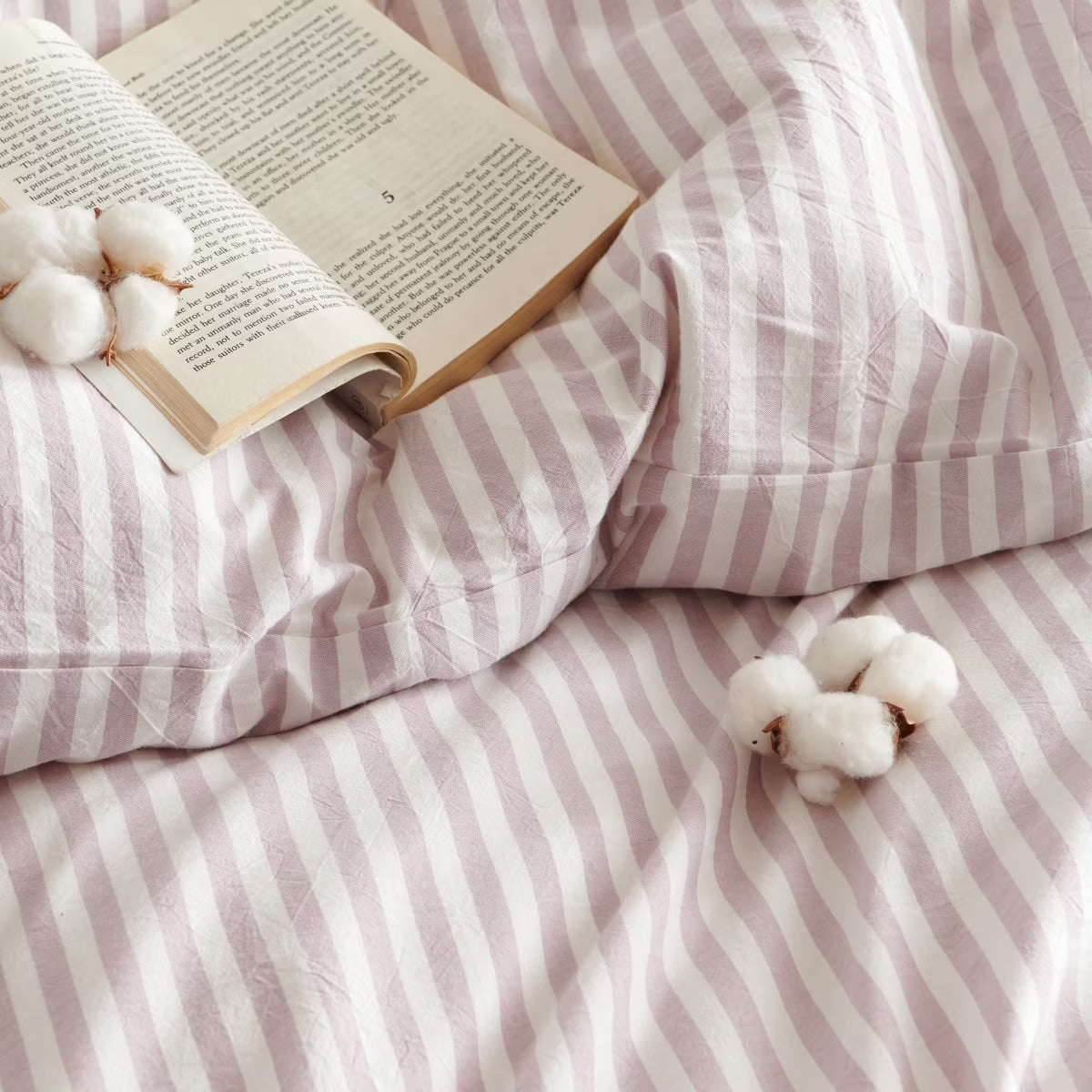 JOLUSERE 100% Cotton Striped Duvet Cover Twin Set, 2-Piece Linen Like Textured Breathable Comforter Cover(Greyish Pink& White Classic Stripes)