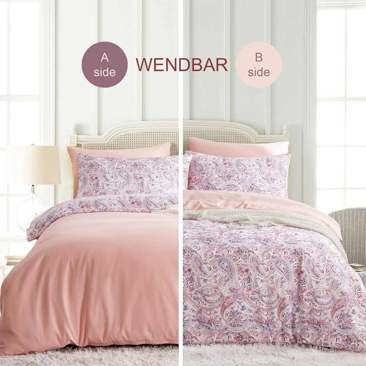 JOLUSERE 3-Piece Boho Vintage Pink Duvet Cover Queen Set, Soft Reversible Classical Bedding Set for All Seasons