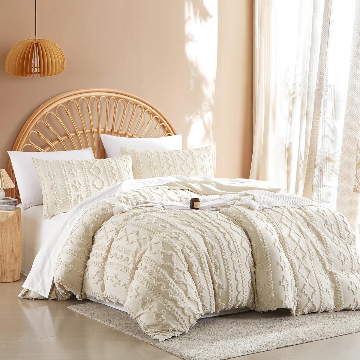 JOLUSERE Jacquard Sandflow Pattern Tufted Duvet Cover Queen Set, 3 Pieces Boho Ultra Soft Embroidery Bedding Set, Beige