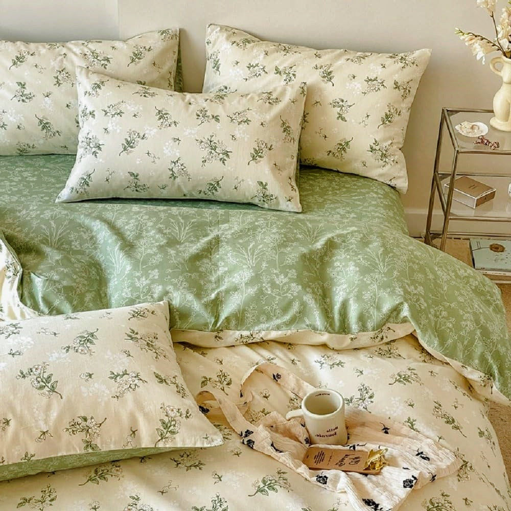 JOLUSERE Beige Green Floral Full Cotton Comforter Set, 3-Piece Farmhouse Chic Style Reversible Soft Bedding Set for Adults All Season