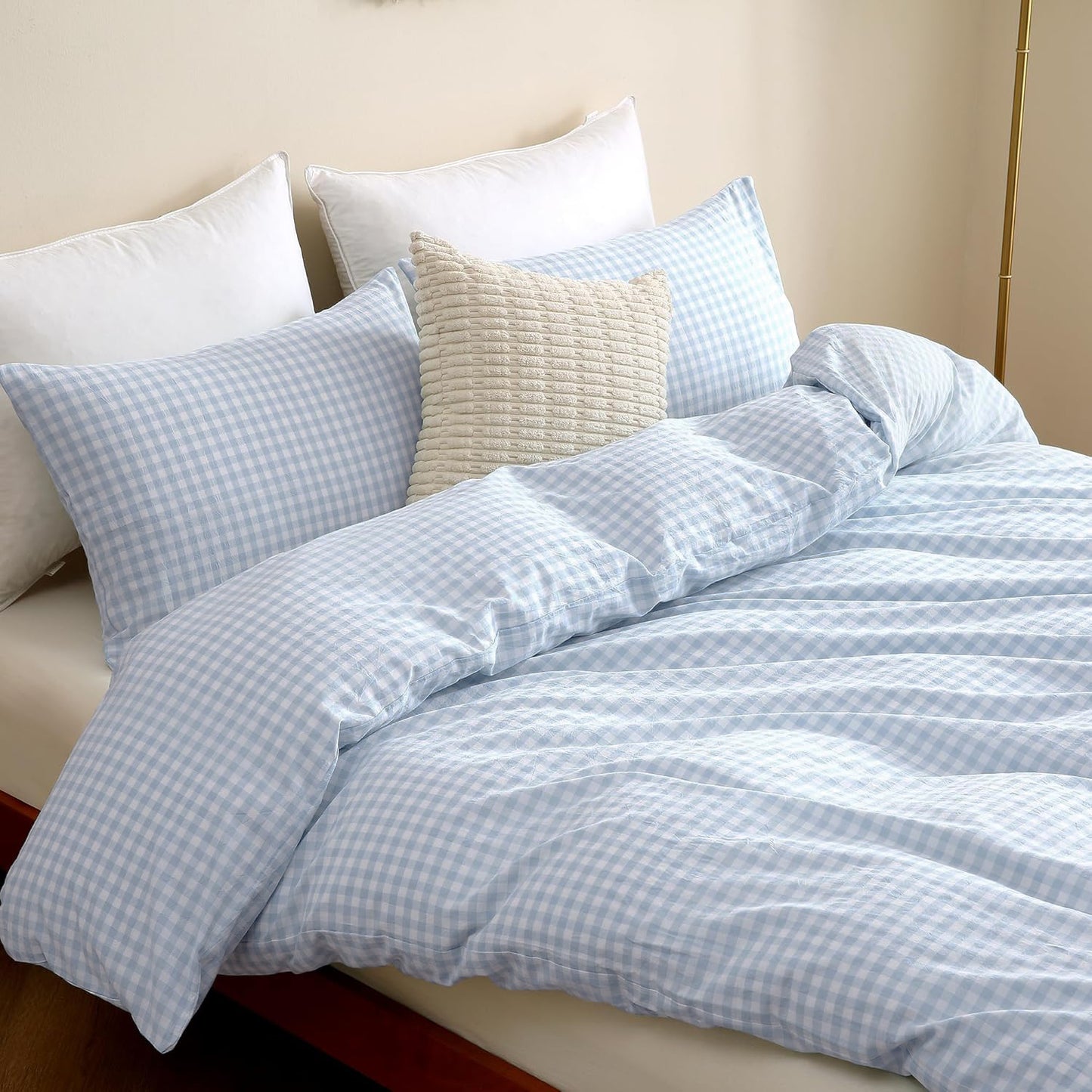 JOLUSERE 3-Piece Soft Breathable Gingham Duvet Cover Full Set，Blue White Plaid Checkered Bedding Cover