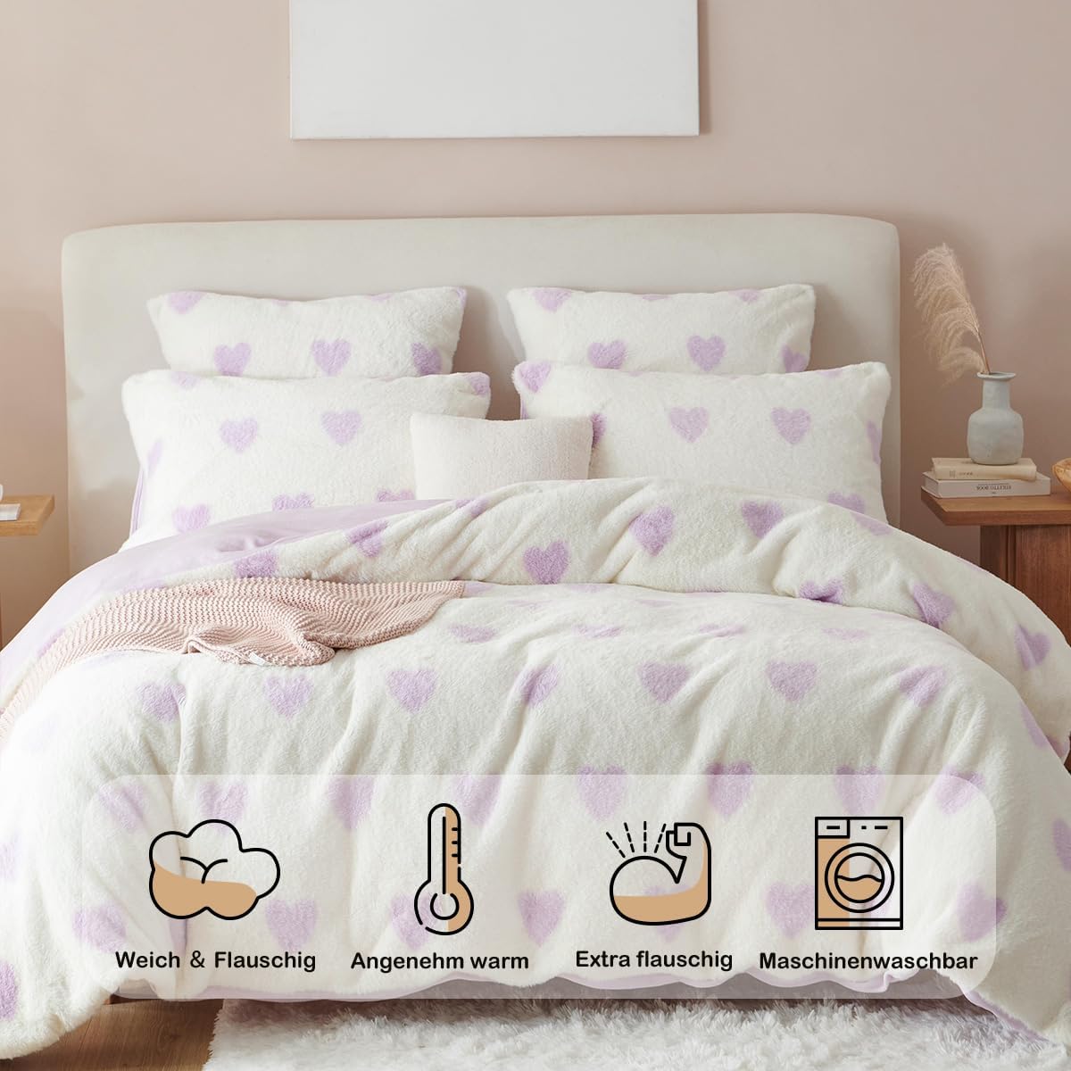 JOLUSERE Fluffy Flannel Duvet Cover Queen Set, 3-Piece Faux Rabbit Fur Luxury Cozy Warm Winter Bedding Set,Purple Heart White