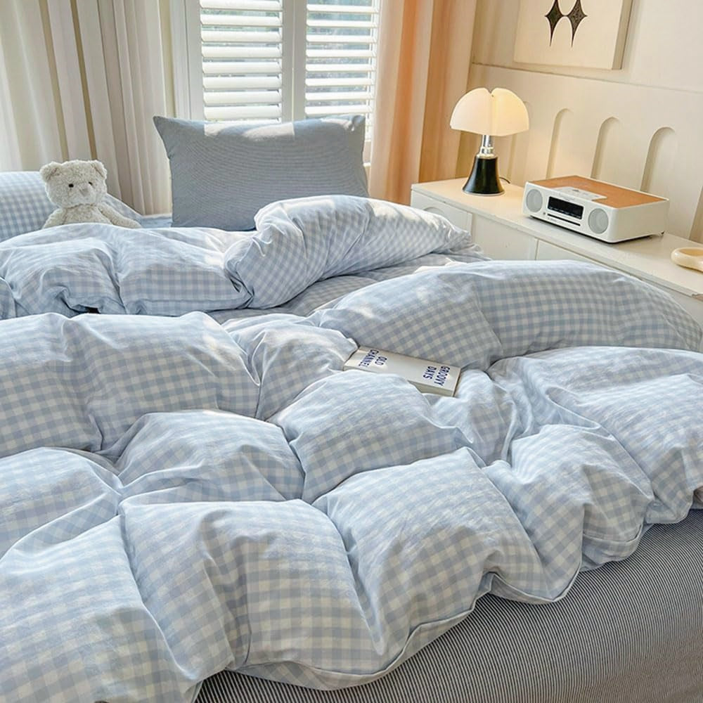 JOLUSERE Soft Blue White Plaid Comforter King Sets, 3 Pieces Breathable Plaid Buffalo Checkered Reversible Comforter for All Season