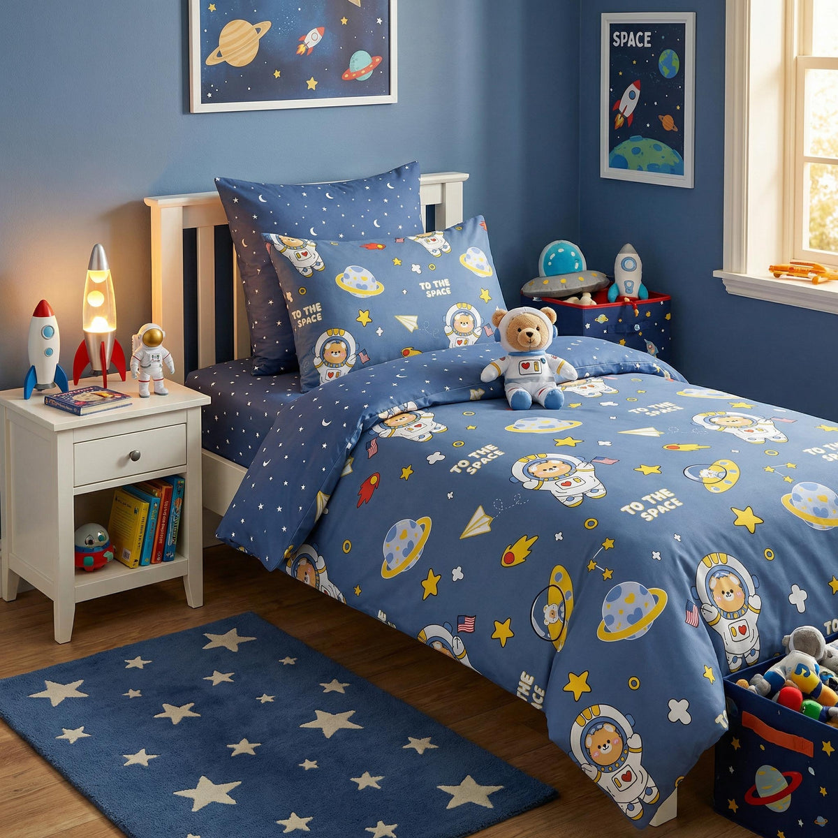 JOLUSERE 2-Piece Outer Space Blue Comforter Twin Set,Soft Bear Astronaut Planet Quilt Bedding Set for Kids Boys
