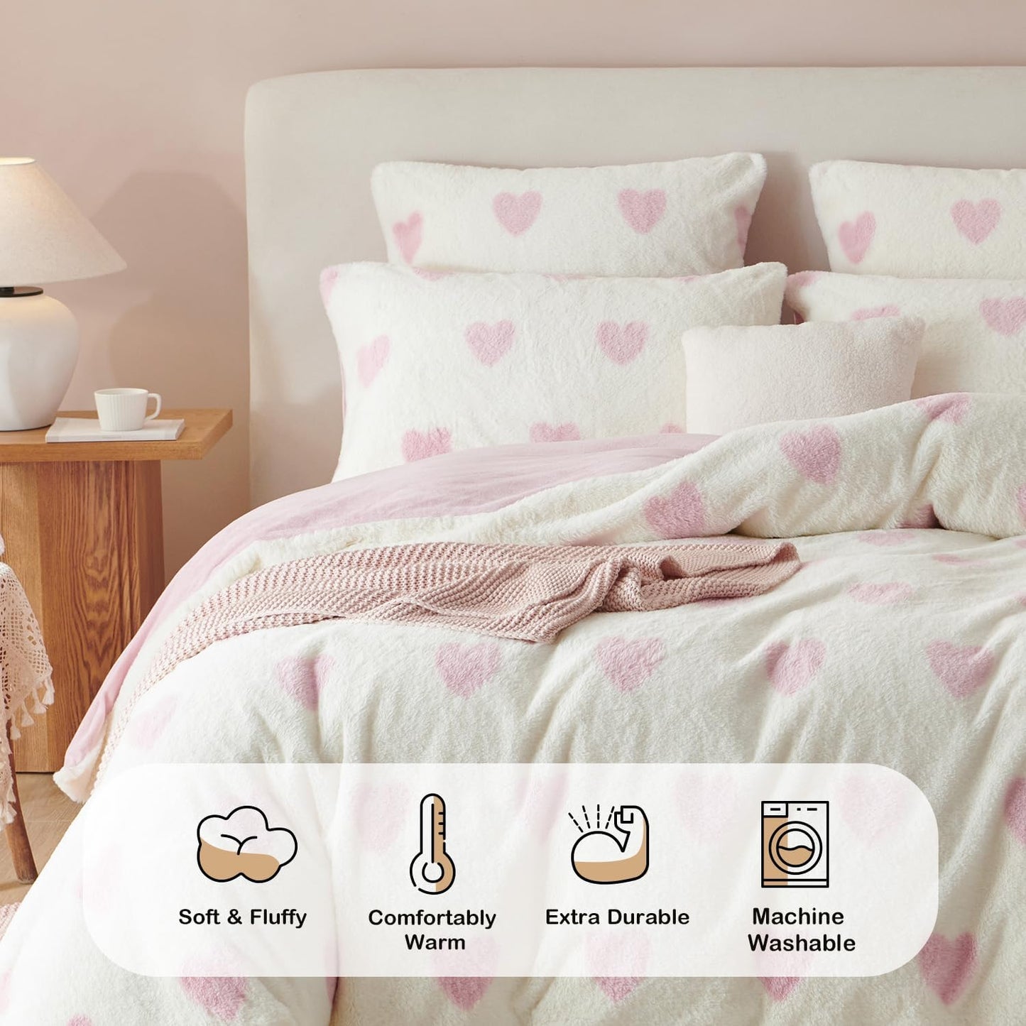 JOLUSERE Fluffy Flannel Duvet Cover King Set, 3-Piece Faux Rabbit Fur Luxury Cozy Warm Winter Bedding Set,Pink Heart White