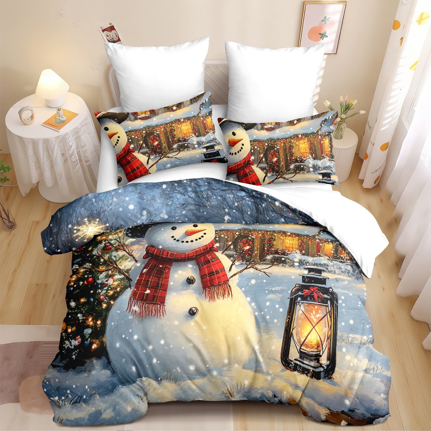 JOLUSERE Christmas Comforter Queen Set,3 Pcs Snowman Christmas Pine Tree Farmhouse Village Bedding Set All Season