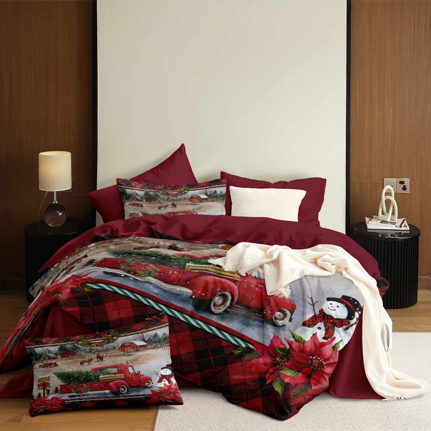JOLUSERE Christmas Comforter Queen Set,3 Pcs Red Truck Christmas Pine Tree Farmhouse Village Country Style Bedding Set for All Season