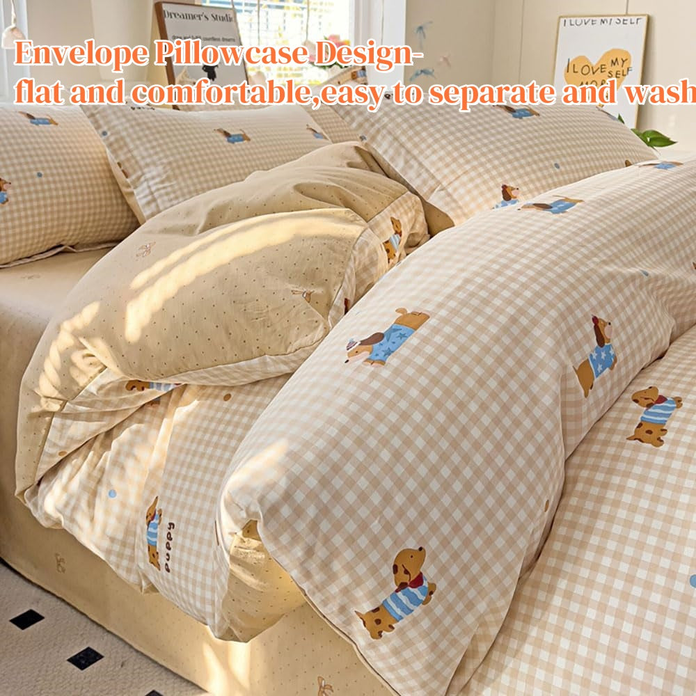 JOLUSERE 2-Piece Beige Gingham Puppy Pattern Comforter Twin Set , Soft Blue Dachshund Bedding Set for Kids Adults