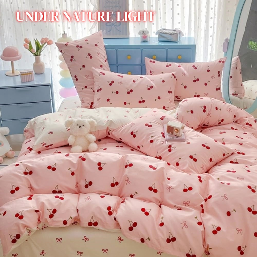 JOLUSERE 3-Piece Red Cherries with Pink Bows Comforter Full Set , Soft Aesthetic Cherry Pattern Bedding Set for Kids Adults