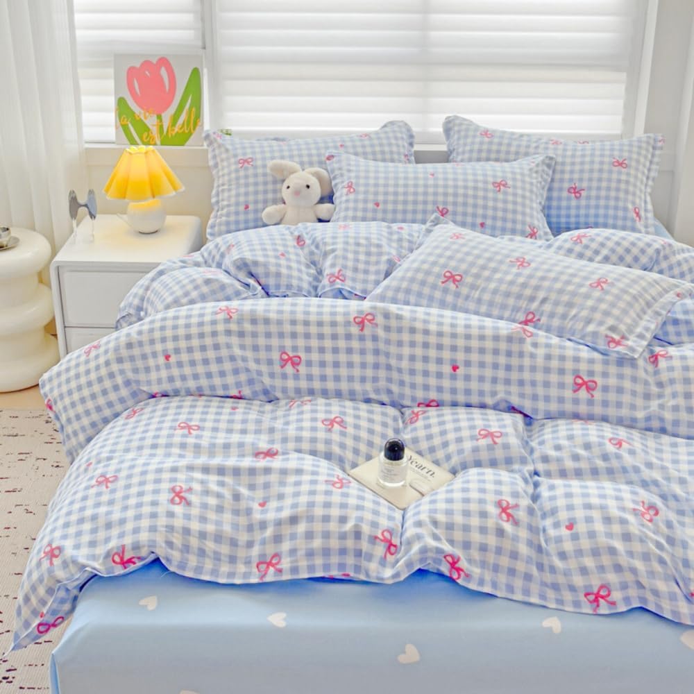 JOLUSERE 3-Piece Blue Plaid Pink Bows Comforter Queen Set , Cute Soft Bedding Set for Kids Adults