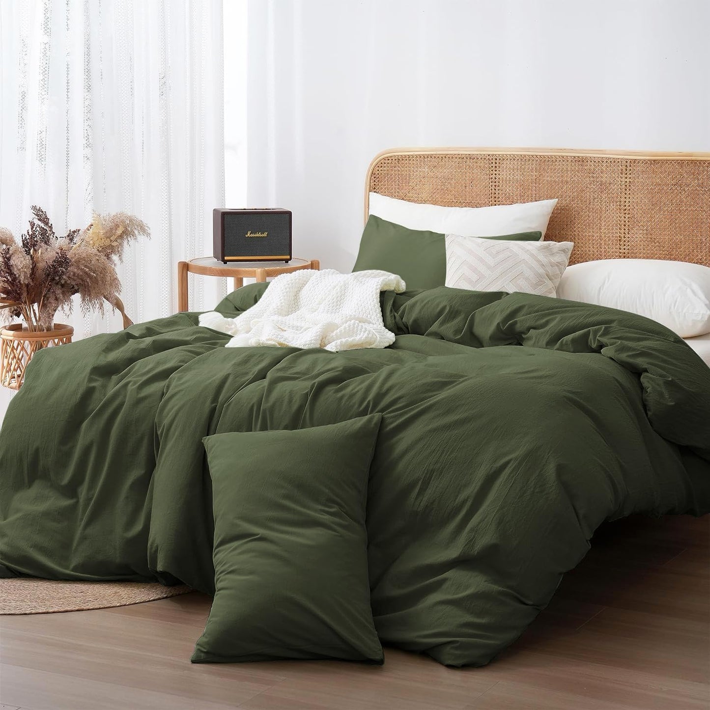 JOLUSERE 100% Organic Yarn-Dyed Cotton Duvet Cover Queen Set, 3 Pieces Cotton Bedding Duvet Cover,Ultra Soft & Fade Resistant,Forest Green