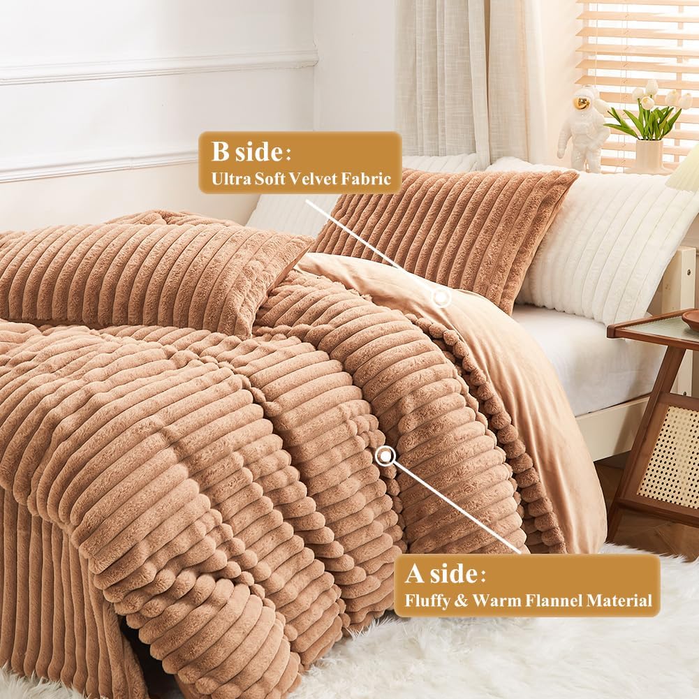 JOLUSERE Khaki Fluffy Striped Duvet Cover King Set, 3-Piece Super Soft Faux Rabbit Fur Winter Warm Fuzzy Comforter Cover