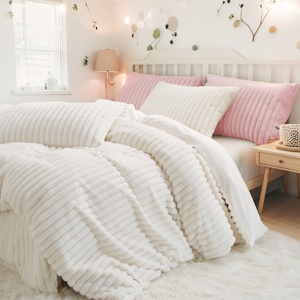 JOLUSERE Creamy White Fluffy Striped Duvet Cover King Set, 3-Piece Super Soft Faux Rabbit Fur Winter Warm Fuzzy Comforter Cover