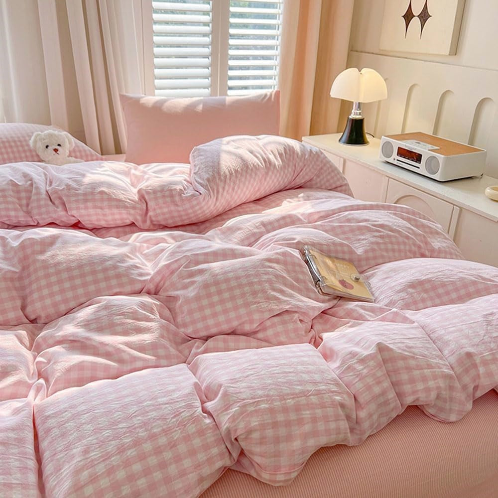 JOLUSERE Soft Pink White Plaid Comforter Twin Sets, 2 Pieces Breathable Plaid Buffalo Checkered Comforter for All Season