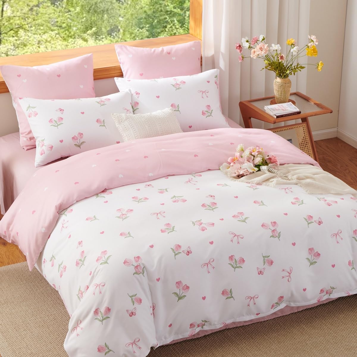 JOLUSERE Pink Tulip Queen Comforter Set, 3-Piece Pink Flowers Reversible Soft Bedding Set or Adults All Season