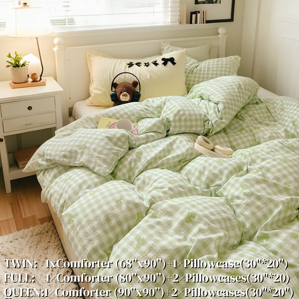 JOLUSERE 2-Piece Green White Plaid Bows Comforter Twin Set , Soft Fresh Bedding Set for Kids Adults