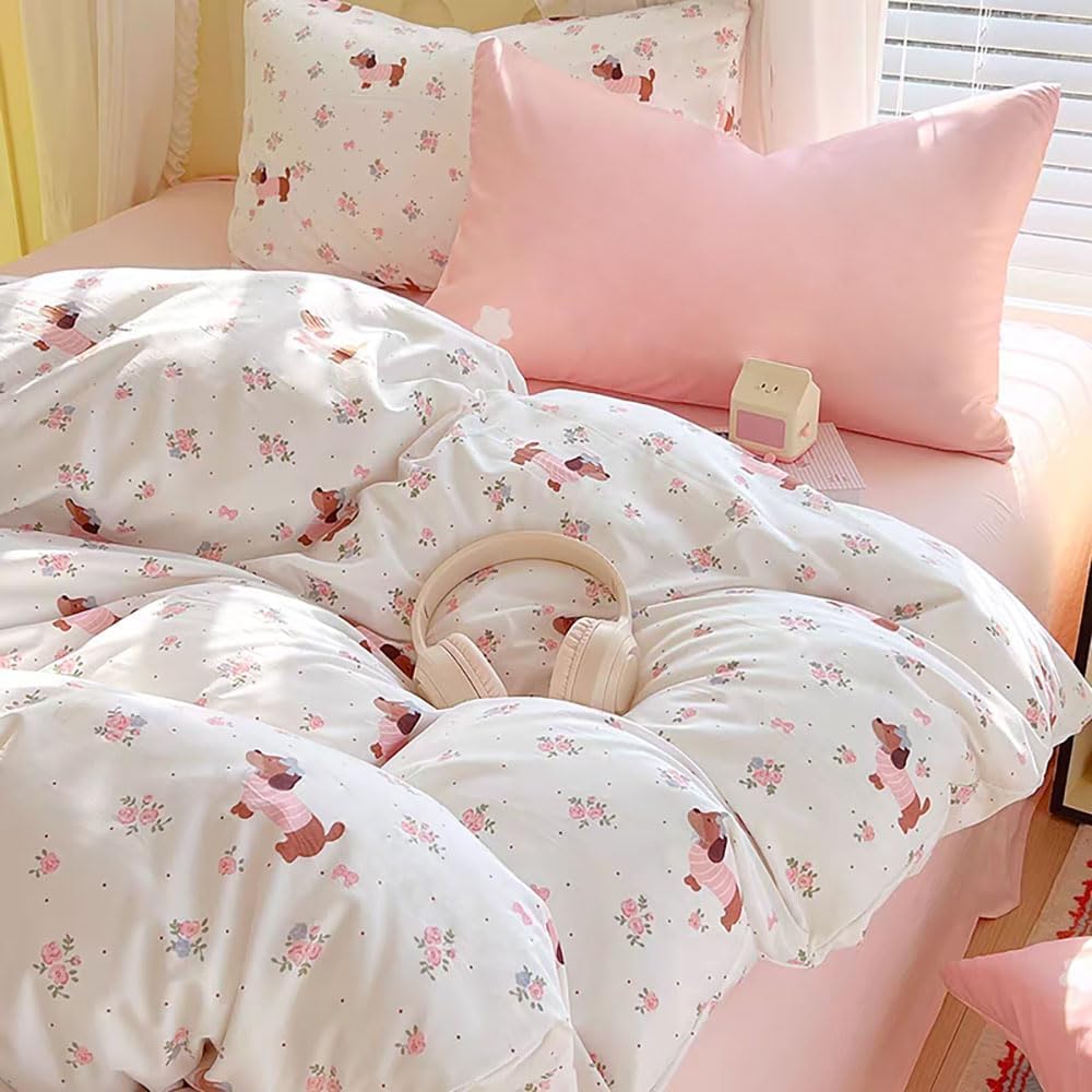 JOLUSERE 2-Piece Pink White Flowers Dachshund Comforter Twin Set , Soft Pink Dachshund Bedding Set for Kids Adults