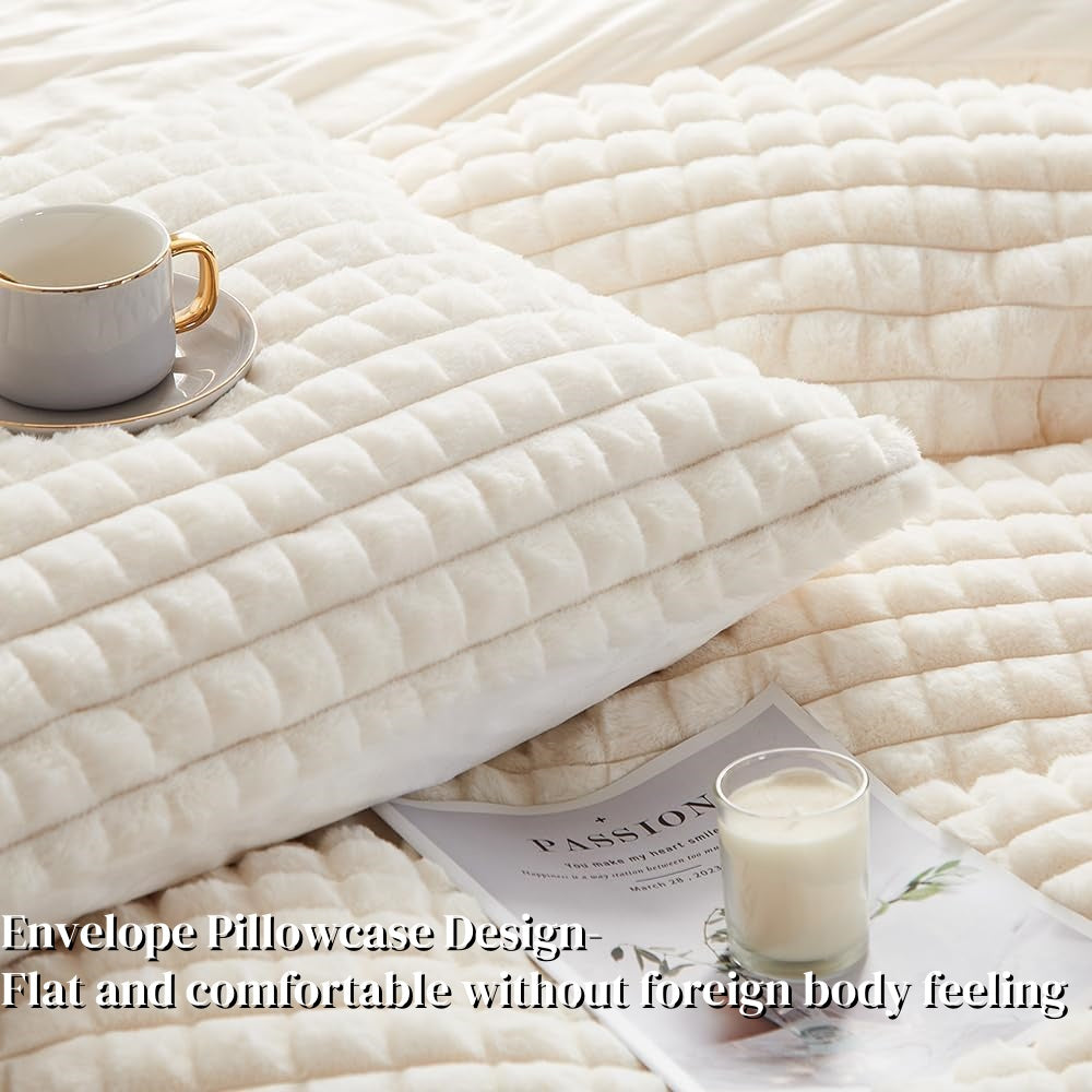 JOLUSERE Checkered Geometric Fluffy White Duvet Cover Queen Set,3-Piece Super Soft Faux Rabbit Fur Winter Warm Fuzzy Bedding Set