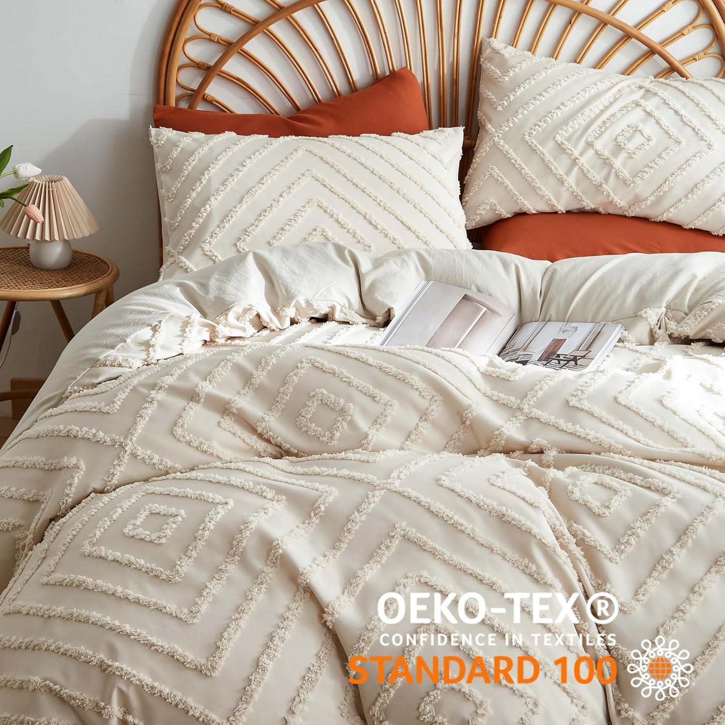 JOLUSERE Jacquard Geometric Pattern Tufted Duvet Cover King Set, 3 Pieces Boho Ultra Soft Embroidery Bedding Set, Beige