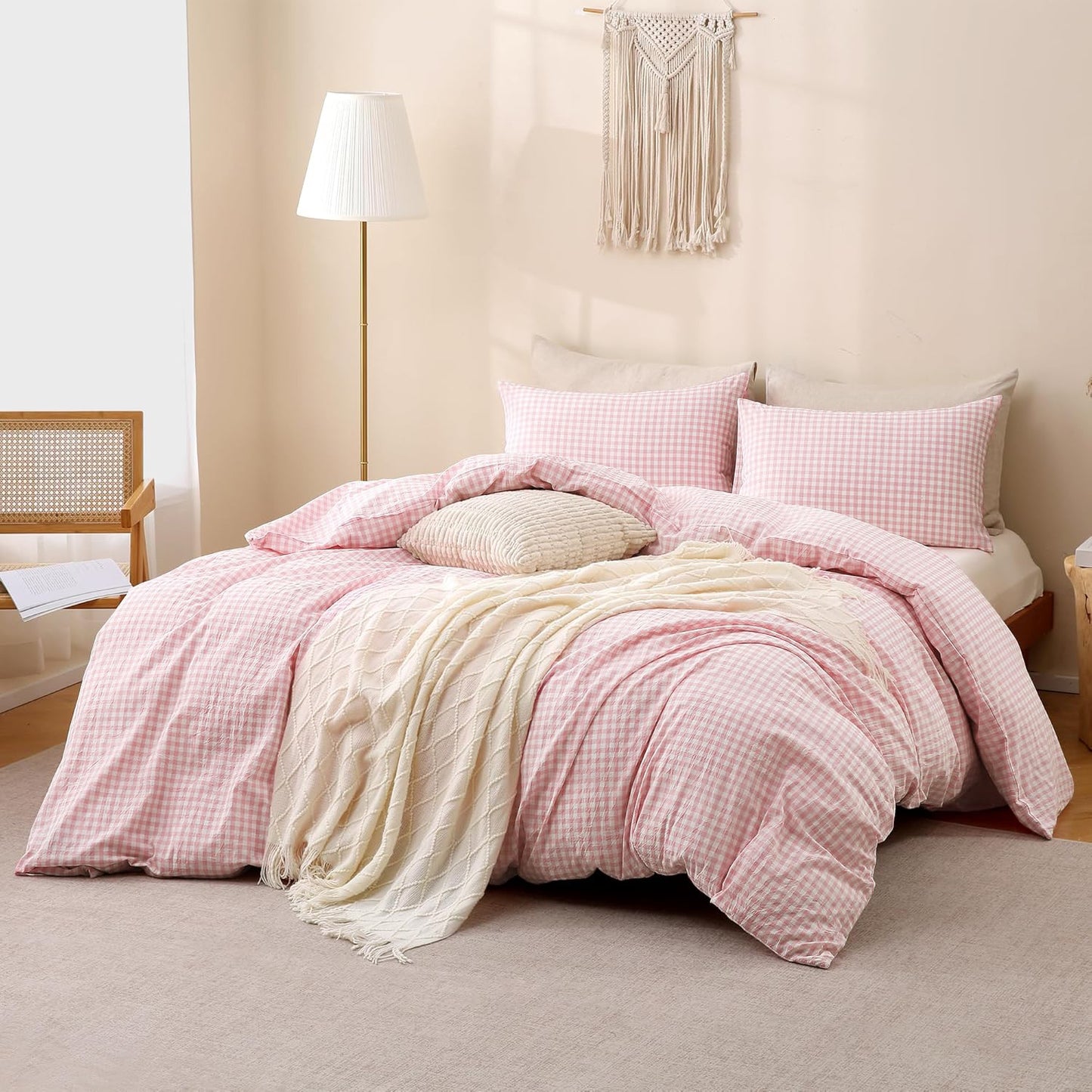 JOLUSERE 3-Piece Soft Breathable Gingham Duvet Cover Full Set，Pink White Plaid Checkered Bedding Cover