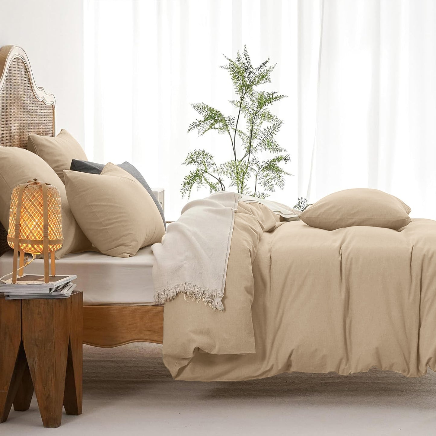 JOLUSERE 100% Organic Yarn-Dyed Cotton Duvet Cover Queen Set, 3 Pieces Cotton Bedding Duvet Cover,Ultra Soft & Fade Resistant,Khaki