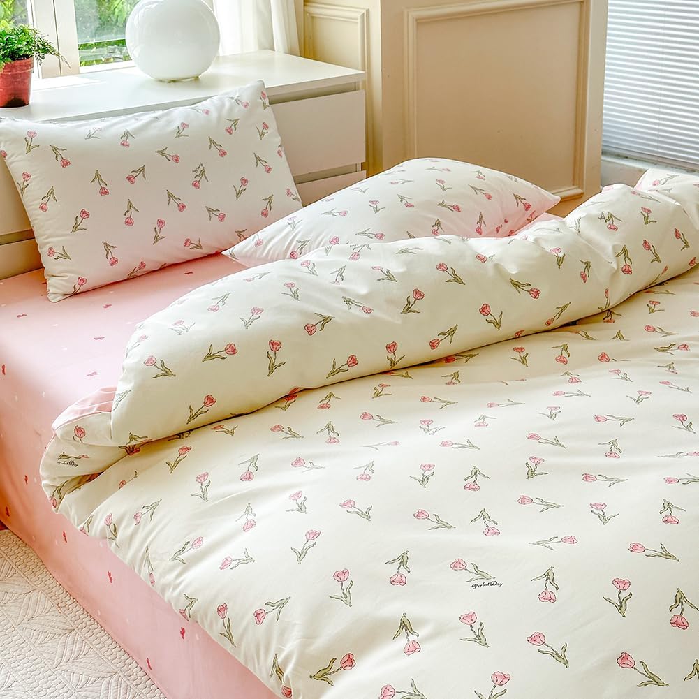 JOLUSERE 100% Organic Cotton Comforter King Sets, 3 Pieces Botanical White Pink Floral Tulip Flower Comforter Sets
