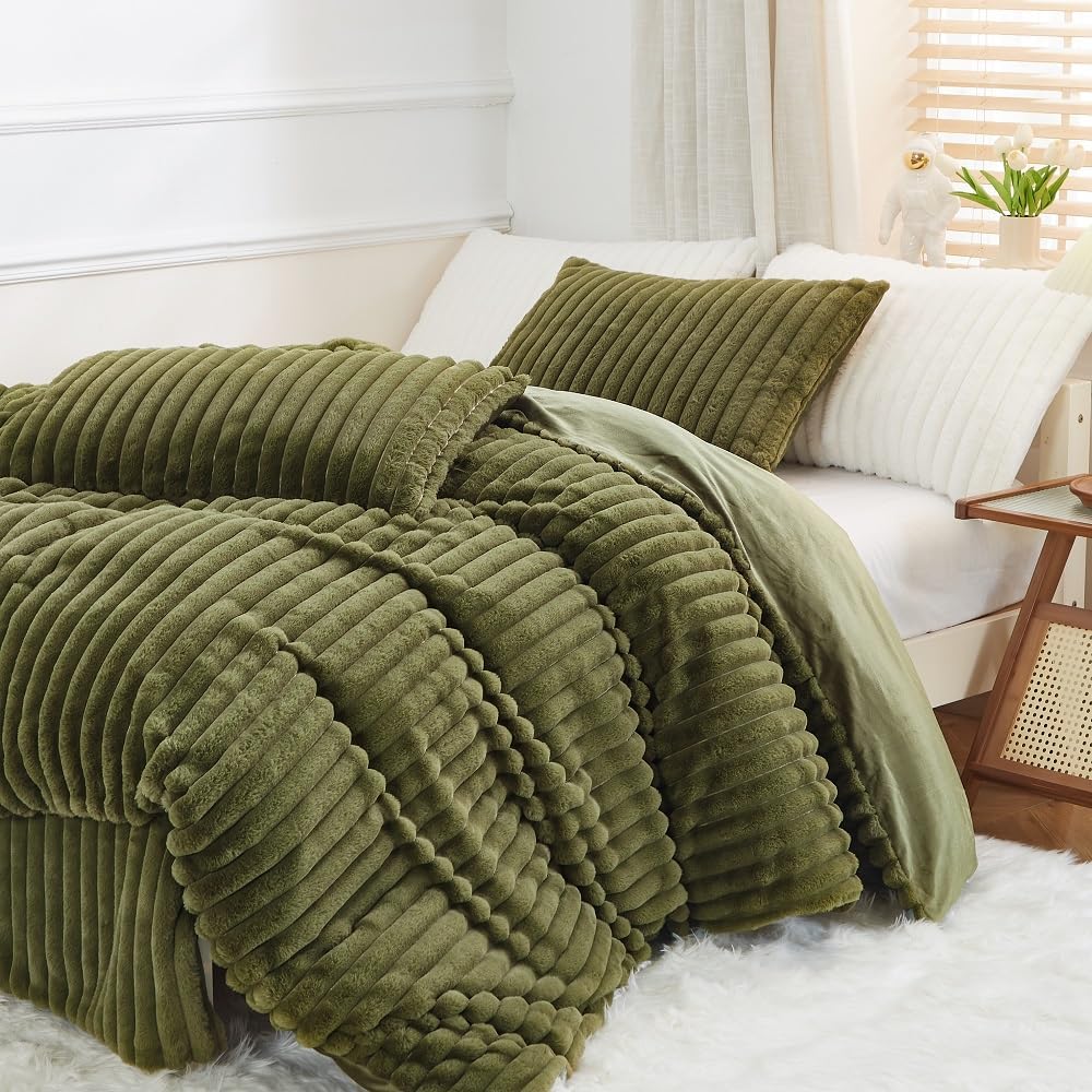 JOLUSERE Olive Green Fluffy Striped Duvet Cover Queen Set, 3-Piece Super Soft Faux Rabbit Fur Winter Warm Fuzzy Comforter Cover