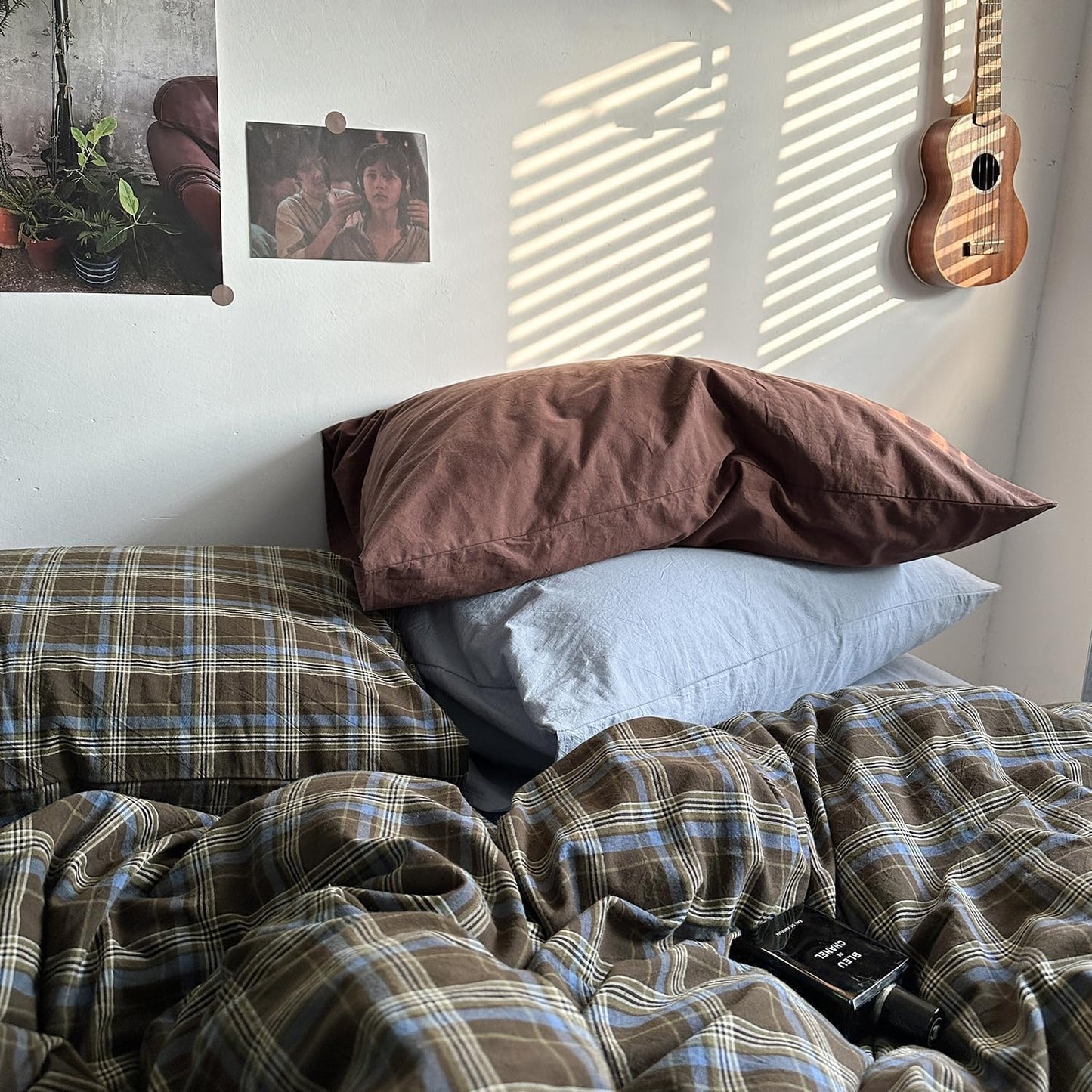 JOLUSERE Blue Brown Plaid Duvet Cover Full Set, 3-Piece Vintage Grid Checkered Pattern Soft Comforter Cover