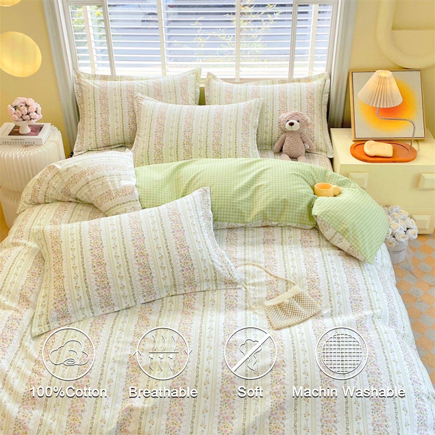 JOLUSERE 100% Organic Cotton Duvet Cover Sets Queen Size, 3 Pieces Light Green Floral botanical Chic Artistic Soft Bedding Sets